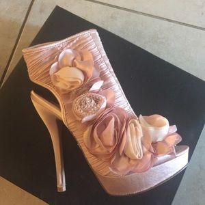 Pink satin peep toe booties
